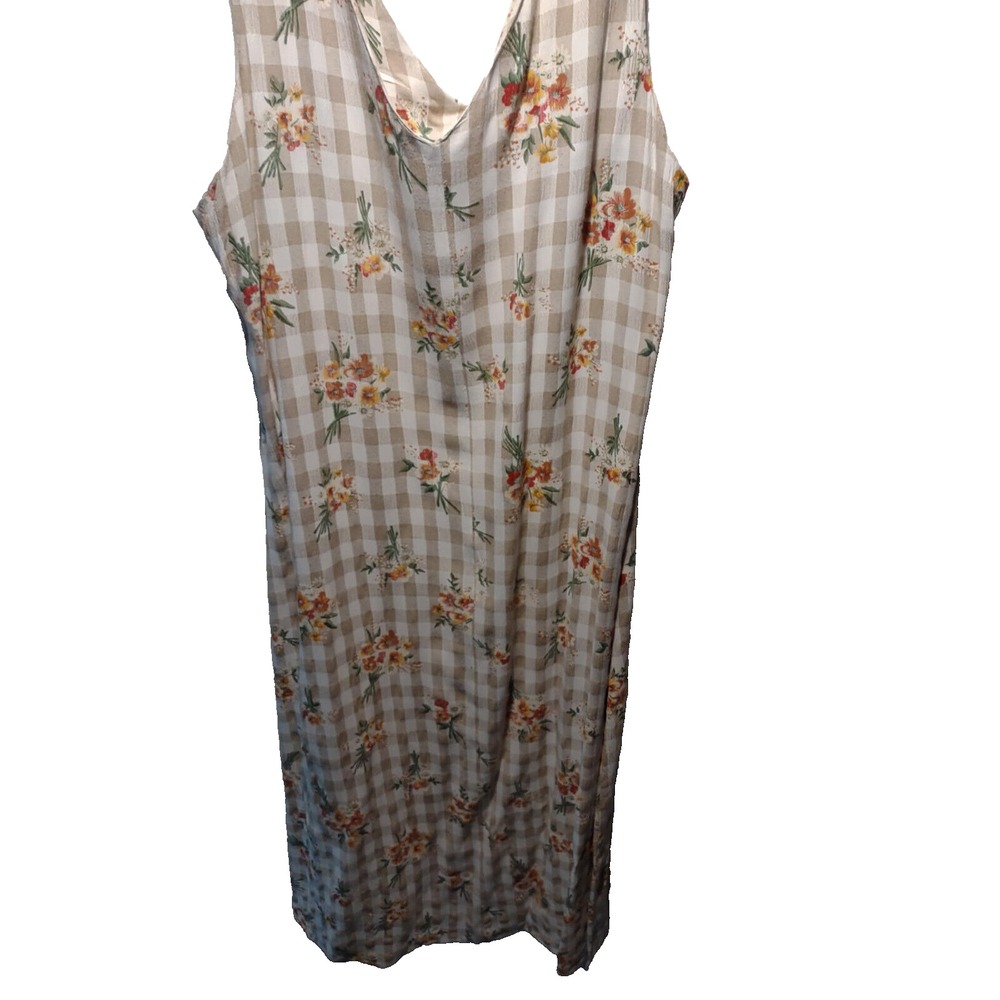 Tan Gingham Floral V-Neck Sleeveless Midi Dress Cottagecore Womens L